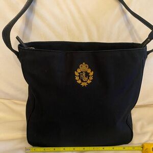 Ralph Lauren Black Shoulder Bag with Gold Crest Embroidery